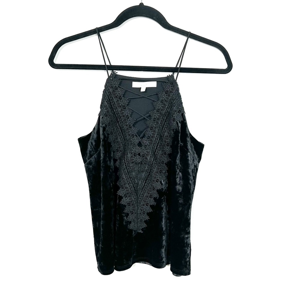 Alt Girl Soft Goth Lace Up Front Black Velvet Cami Tank size Small